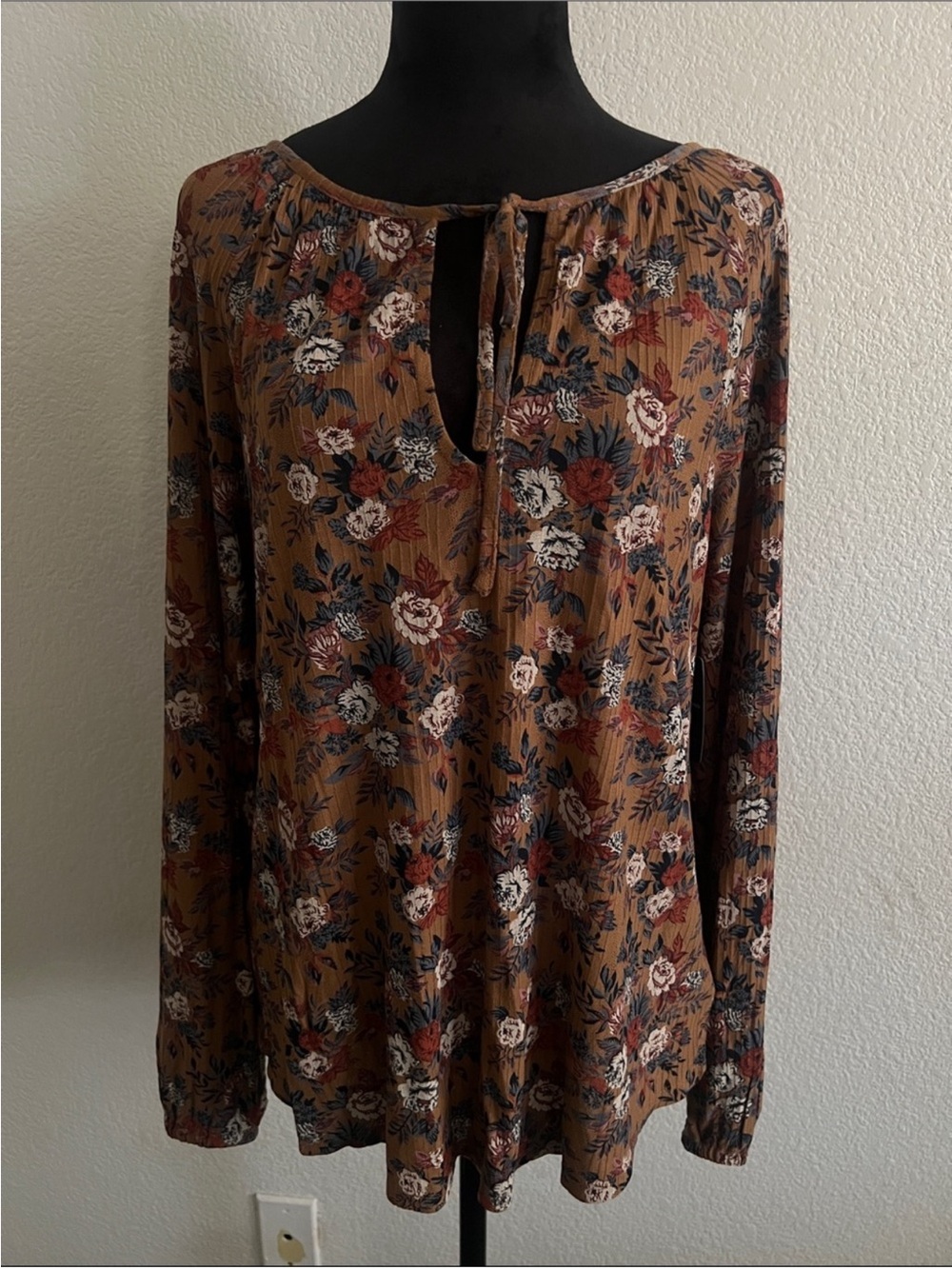 NOWT Lucky Brand Brown Floral Long-Sleeve tie Peasant Blouse